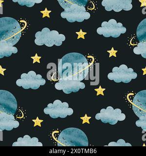 Seamless childish pattern with cute watercolor planets, stars and clouds. Nursery print for kids Stock Vector