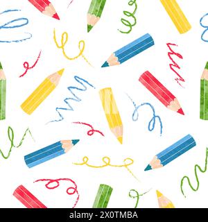 Children drawings pattern with colorful pencils. Seamless vector background for kids Stock Vector