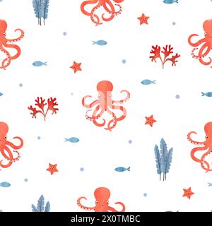 Seamless marine pattern with cute octopus, fish and seaweeds. Vector watercolor sea illustration Stock Vector
