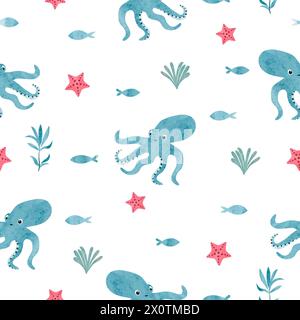 Seamless sea pattern with cute octopus, fish and seaweeds. Vector watercolor ocean illustration Stock Vector