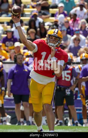 Baton Rouge, LA, USA. 13th Apr, 2024. LSU quarterback AJ Swann (15) delivers a pass during the annual National L Club LSU Spring Game at Tiger Stadium in Baton Rouge, LA. Jonathan Mailhes/CSM/Alamy Live News Stock Photo