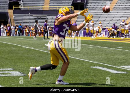 Baton Rouge, LA, USA. 13th Apr, 2024. LSU linebacker West Weeks (33) goes through drills during the annual National L Club LSU Spring Game at Tiger Stadium in Baton Rouge, LA. Jonathan Mailhes/CSM (Credit Image: © Jonathan Mailhes/Cal Sport Media). Credit: csm/Alamy Live News Stock Photo