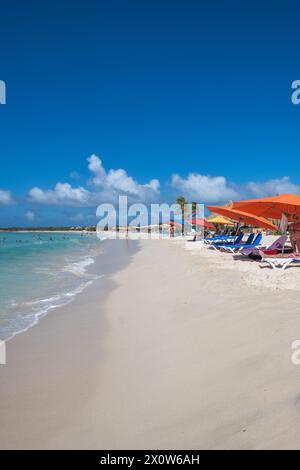 Arashi Beach Aruba with beach umbrellas and beach goers Stock Photo