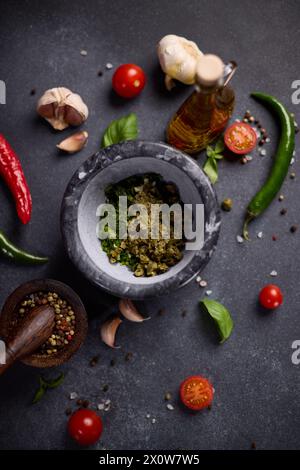 stone mortar with green sauce chopped ingredients Stock Photo