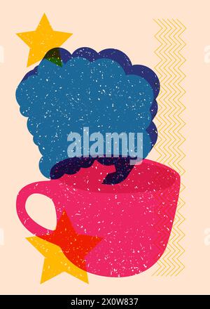 Risograph Coffee cup with speech bubble with geometric shapes. Objects in trendy riso graph print texture style design with geometry elements. Stock Vector