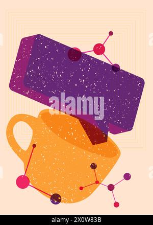Risograph Coffee cup with speech bubble with geometric shapes. Objects in trendy riso graph print texture style design with geometry elements. Stock Vector