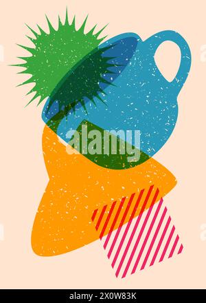 Risograph Coffee cup with speech bubble with geometric shapes. Objects in trendy riso graph print texture style design with geometry elements. Stock Vector