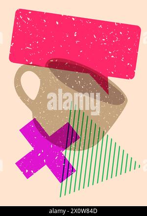 Risograph Coffee cup with speech bubble with geometric shapes. Objects in trendy riso graph print texture style design with geometry elements. Stock Vector