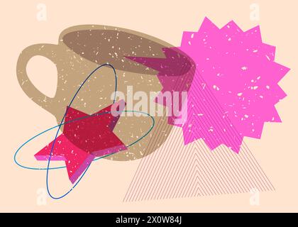 Risograph Coffee cup with speech bubble with geometric shapes. Objects in trendy riso graph print texture style design with geometry elements. Stock Vector