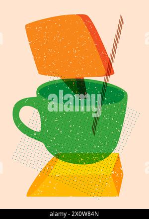 Risograph Coffee cup with speech bubble with geometric shapes. Objects in trendy riso graph print texture style design with geometry elements. Stock Vector