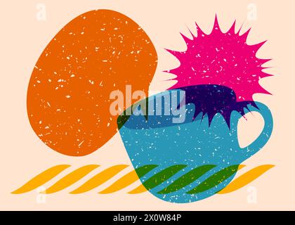 Risograph Coffee cup with speech bubble with geometric shapes. Objects in trendy riso graph print texture style design with geometry elements. Stock Vector