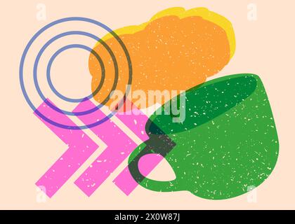Risograph Coffee cup with speech bubble with geometric shapes. Objects in trendy riso graph print texture style design with geometry elements. Stock Vector