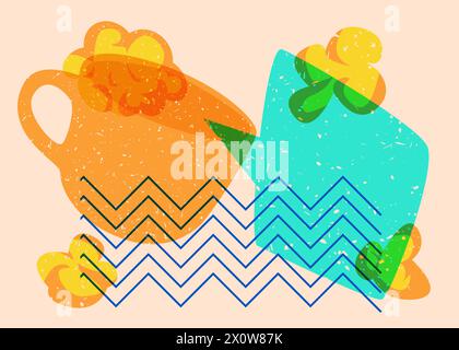 Risograph Coffee cup with speech bubble with geometric shapes. Objects in trendy riso graph print texture style design with geometry elements. Stock Vector