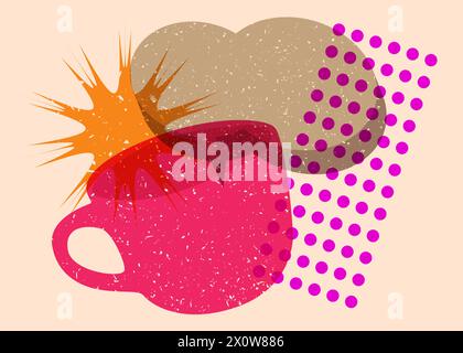 Risograph Coffee cup with speech bubble with geometric shapes. Objects in trendy riso graph print texture style design with geometry elements. Stock Vector