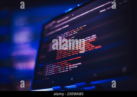 Running Computer data programming. Coding script text on screen. Notebook closeup Stock Photo