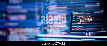 Running Computer data programming. Coding script text on screen. Notebook closeup Stock Photo