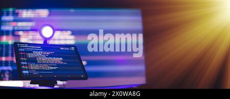 Working atmosphere of a programmer at home, background. Programming code abstract Stock Photo