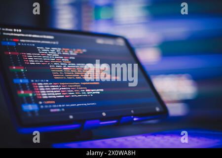 Working atmosphere of a programmer at home, background. Programming code abstract Stock Photo