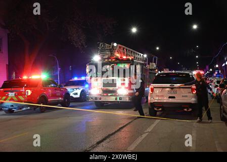 Emergency apparatus rush to the scene of a mass shooting. Eight people were shot including five adults and three children in the area of West 52nd Street in Chicago. Adults that were shot vary in age from 19 to 40 years old. A 1-year-old male Hispanic was shot multiple times and is in critical condition, a 7-year-old male Hispanic was shot multiple times and is in critical condition, a 7-year-old female Hispanic was shot in the head and was pronounced dead. No suspects are in custody at this time and the shooting appears to be gang related. (Photo by Kyle Mazza/SOPA Images/Sipa USA) Stock Photo