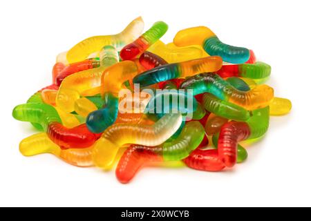 Juicy colorful jelly sweets isolated on white. Gummy candies. Jelly snakes. Stock Photo