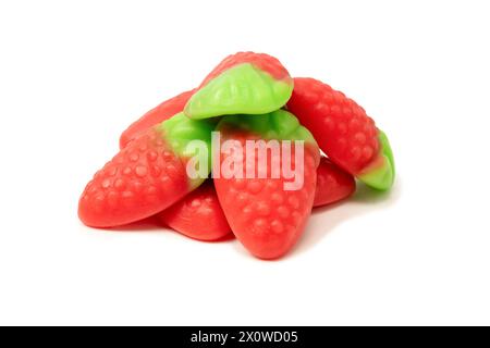Jelly strawberry candies isolated on a white background. Top view. Delicious gelatin candies. Stock Photo