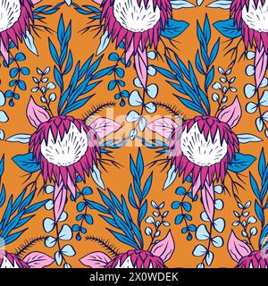 Seamless pattern with line art protea flowers on orange background Stock Vector