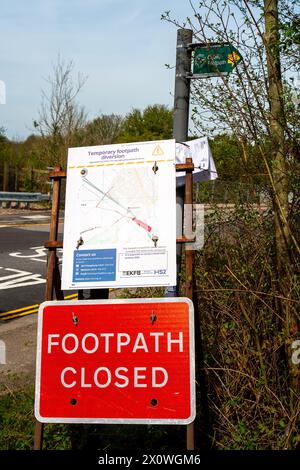 Wendover, UK. 13th April, 2024. A notice from HS2 posted on a lampost next to one of the many footpaths that have been closed by HS2. HS2 have now temporarily realigned part of Ellesborough Road in Wendover, Buckinghamshire as part of the HS2 High Speed Rail construction works. A new road has been built behind the remaining cottages. A number of cottages in Ellesborough Road have been demolished by HS2 whilst some were the subject of compulsory purchase but remain empty. The part of Ellesborough Road in front of the remaining cottages is now a dead end and only accessible by residents. This is Stock Photo