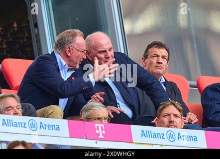 Karl-Heinz RUMMENIGGE (Mitglied Aufsichtsrat FCB AG) Uli HOENESS (former FCB President ),  Ehrenpraesident, Andreas JUNG, Marketing director and board member  FCB   in the match  FC BAYERN MUENCHEN - 1.FC KOeLN 2-0   on April 13, 2024 in Munich, Germany. Season 2023/2024, 1.Bundesliga, FCB,, Muenchen, matchday 29, 29.Spieltag Photographer: ddp images / star-images    - DFL REGULATIONS PROHIBIT ANY USE OF PHOTOGRAPHS as IMAGE SEQUENCES and/or QUASI-VIDEO - Stock Photo