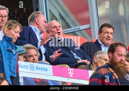 Karl-Heinz RUMMENIGGE (Mitglied Aufsichtsrat FCB AG) Uli HOENESS (former FCB President ),  Ehrenpraesident, Andreas JUNG, Marketing director and board member  FCB   in the match  FC BAYERN MUENCHEN - 1.FC KOeLN 2-0   on April 13, 2024 in Munich, Germany. Season 2023/2024, 1.Bundesliga, FCB,, Muenchen, matchday 29, 29.Spieltag Photographer: ddp images / star-images    - DFL REGULATIONS PROHIBIT ANY USE OF PHOTOGRAPHS as IMAGE SEQUENCES and/or QUASI-VIDEO - Stock Photo