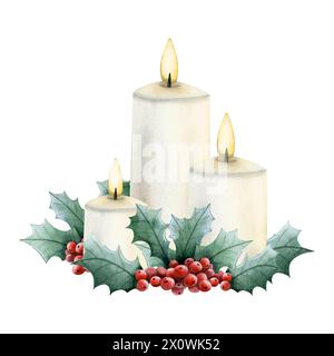 Christmas burning candles with red holly berries and green leaves watercolor isolated illustration for New Year holiday Stock Photo