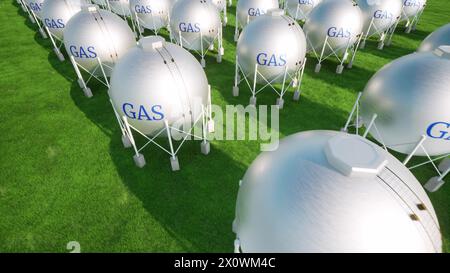 Big gas station spheres on green grass clean energy 3d render Stock Photo