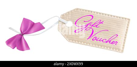 Label and Gift Voucher with pink ribbon isolated on white background Stock Photo