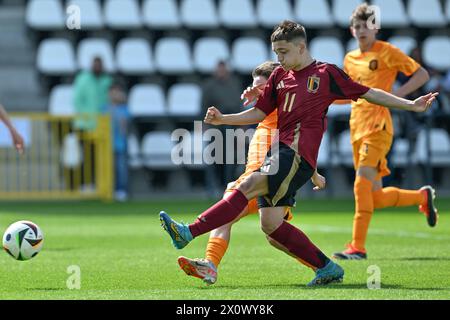 Tubize, Belgium. 13th Apr, 2024. Andrea Di Benedetto (11) of Belgium pictured during a friendly soccer game between the national under 16 Futures teams of The Netherlands and Belgium on Saturday 13 April 2024 in Tubize, Belgium . Credit: sportpix/Alamy Live News Stock Photo
