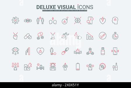 Causes and factors of stress line icons set. Pressure of social media and depression, difficulty and deadline at work, insomnia and anxiety thin black and red outline symbols, vector illustration Stock Vector