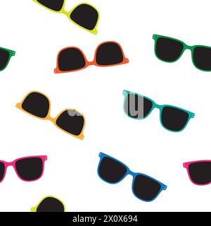 Colorful sunglasses randomly scattered on a white background, seamless vector pattern. Stock Vector