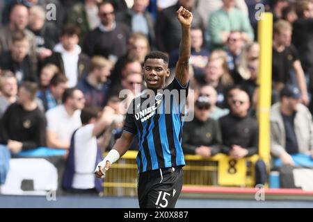 Brugge, Belgium. 14th Apr, 2024. Club's Raphael Onyedika celebrates after scoring during a soccer match between Club Brugge KV and Royal Antwerp FC, Sunday 14 April 2024 in Brugge, on day 3 (out of 10) of the Champions' Play-offs of the 2023-2024 'Jupiler Pro League' first division of the Belgian championship. BELGA PHOTO BRUNO FAHY Credit: Belga News Agency/Alamy Live News Stock Photo