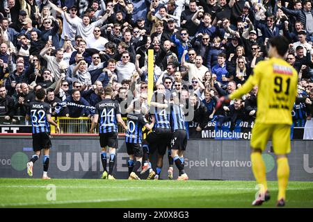Brugge, Belgium. 14th Apr, 2024. Club's Raphael Onyedika celebrates after scoring during a soccer match between Club Brugge KV and Royal Antwerp FC, Sunday 14 April 2024 in Brugge, on day 3 (out of 10) of the Champions' Play-offs of the 2023-2024 'Jupiler Pro League' first division of the Belgian championship. BELGA PHOTO TOM GOYVAERTS Credit: Belga News Agency/Alamy Live News Stock Photo