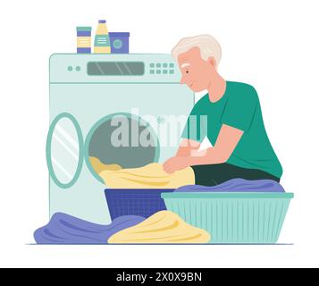 Senior Man Washing Clothes with Washing Machine Stock Vector