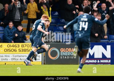 Ross County's Josh Sims (centre) celebrates scoring their side's third goal of the game with team-mates during the cinch Premiership match at the Global Energy Stadium, Dingwall. Picture date: Sunday April 14, 2024. Stock Photo