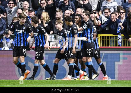Brugge, Belgium. 14th Apr, 2024. Club's Raphael Onyedika celebrates after scoring during a soccer match between Club Brugge KV and Royal Antwerp FC, Sunday 14 April 2024 in Brugge, on day 3 (out of 10) of the Champions' Play-offs of the 2023-2024 'Jupiler Pro League' first division of the Belgian championship. BELGA PHOTO TOM GOYVAERTS Credit: Belga News Agency/Alamy Live News Stock Photo