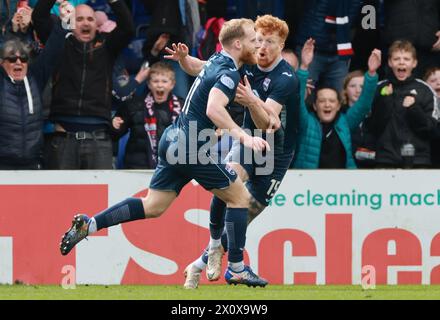 Ross County's Josh Sims (centre) celebrates scoring their side's third goal of the game with team-mates during the cinch Premiership match at the Global Energy Stadium, Dingwall. Picture date: Sunday April 14, 2024. Stock Photo