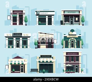 Cartoon stores. Street shop facade with cafe restaurant bakery fast food and ice cream, building exterior with outdoor seat. Vector isolated set Stock Vector