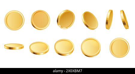 3D golden coins. Realistic blank yellow brass or gold coin different views. Payment and investment, bank and finance, money symbol isolated vector set. Glossy rotating currency animation Stock Vector