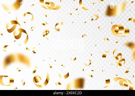 Golden confetti explosion. Falling shiny gold serpentine, flying ribbons. Glossy gold paper pieces fly, scatter around. 3D realistic vector isolated texture. Glossy festive elements for celebration Stock Vector