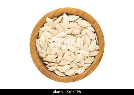 White pumpkin seeds in a plate, top view. Isolated on white background. File contains clipping path Stock Photo