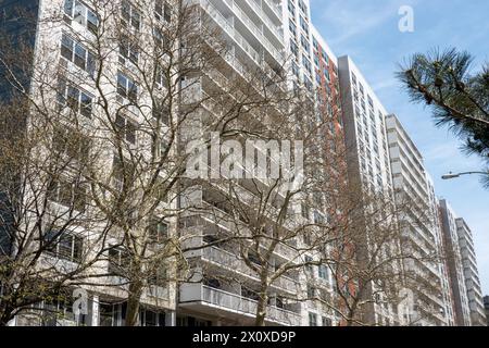 NYU resident apartments line park on LaGuardia Place in Greenwich Village on the NYU campus 2024, NYC, USA Stock Photo