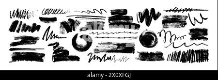Vector hand drawing doodle charcoal strokes, scribbles and curly lines. Crayon squiggles, black sketches and wavy underlines element set. Abstract simple shapes and chalk strips with pencil texture. Stock Vector
