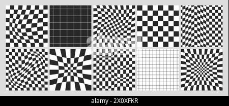 Square psychedelic checkerboards with warped white and black grid tile. Checkered seamless geometric pattern in y2k style. Distorted chessboard backgrounds with distortion effect and optical illusion. Stock Vector
