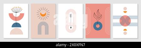 Set of zen arch posters with minimalist nordic boho elements. Modern graphic wall art decor with geometric linear, organic natural shapes, simple figures and moon in pastel colors. Bohemian covers. Stock Vector