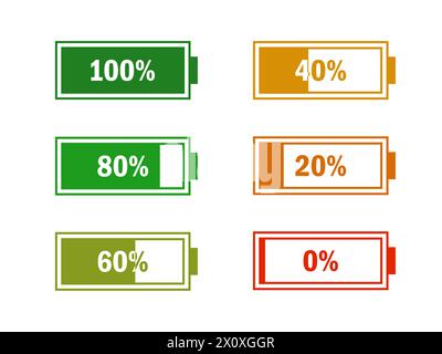 Level battery energy icon set. Powerfully full and power low up status batteries. Energy reusing concept. Alkaline tags. Battery charging point, charg Stock Vector